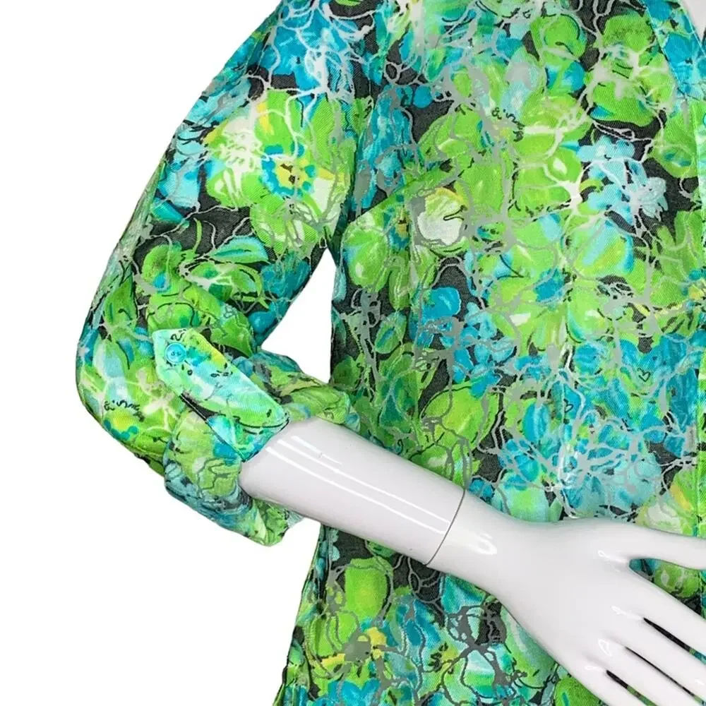 Kim Kim Rogers Petite Button Down Shirt Size LP Green Floral Print